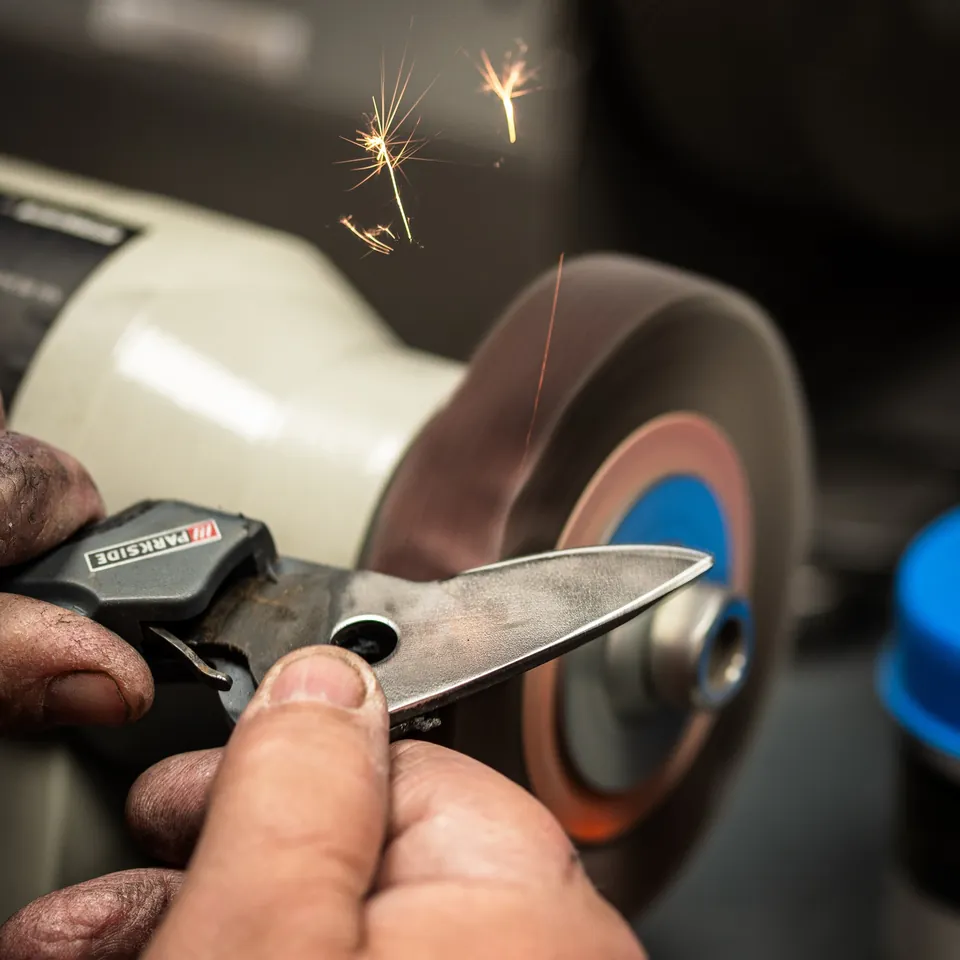 Affûtage d'un sécateur sur une meule dans l'atelier